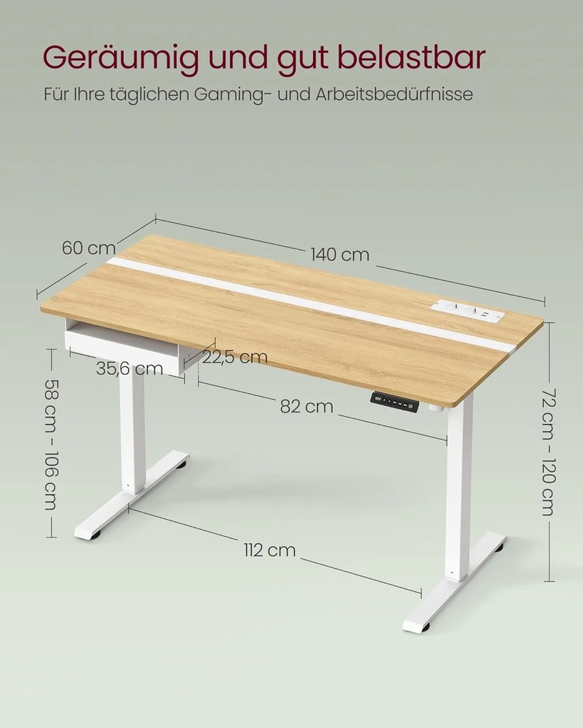 Mesa de altura ajustável com gaveta e tomada integrada | VASAGLE | 140 x 60 x 120 cm | carvalho dourado|branco nuvem | LSD114N01.