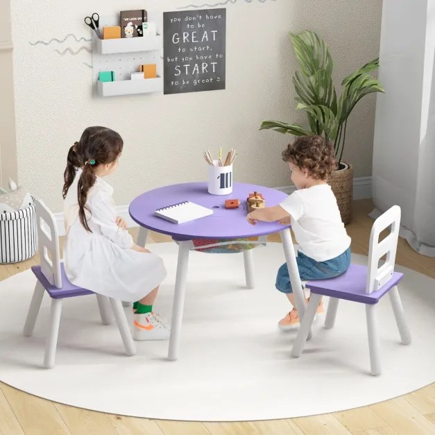 Conjunto de mesa e cadeira redonda para crianças Conjunto de 3 peças com mesa de actividades em madeira e centro de rede Acessórios de decoração roxo