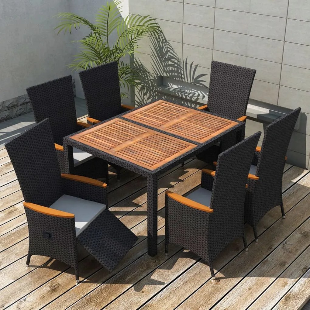 7 pcs conjunto jantar p/ exterior vime PE madeira acácia preto