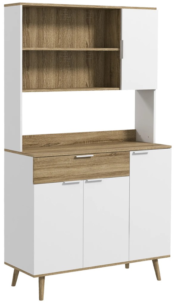 HOMCOM Móvel de Cozinha Armário de Armazenamento 4 Portas 1 Gaveta estilo Escandinavo 98x39x180 cm Branco e Natural | Aosom Portugal