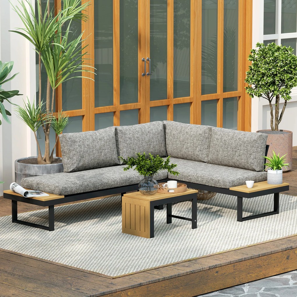 Conjunto de Jardim de 3 Peças Móveis de Exterior com 2 Sofás de 2 Lugares e Mesa de Centro Versátil Conjunto de Sofá de Exterior Cinza