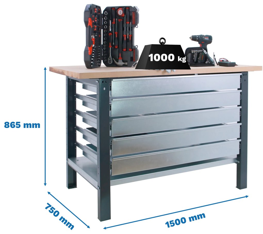 Bancada de Trabalho SIMONWORK BT6L PROFISSIONAL LAMILATE 5 GAVETAS 1500 ANTRACITE/FAIA Casa, Escritório, Garagem, Oficina Capacidade 1000 Kg Dimensões
