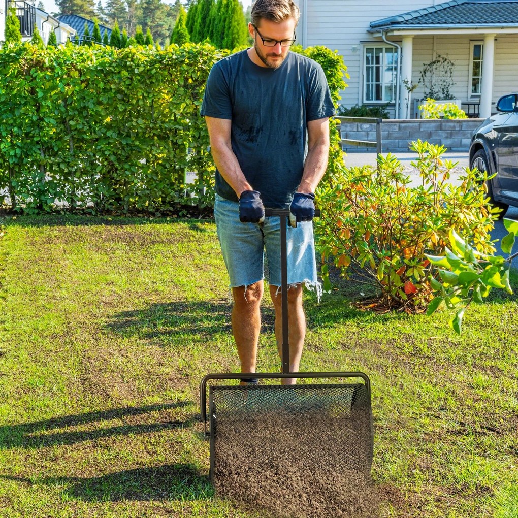 Espalhador de Composto 300L 70x40x112 cm Espalhador de Adubo para Relvado com Guiador Ajustável Cesto de Rede Metálica Preto