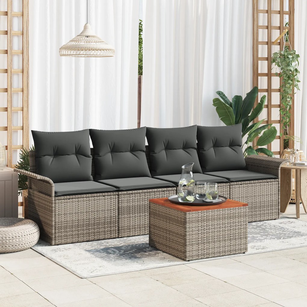 Conjunto de Sofá de Jardim de 5 Peças com Almofadas Cinzento Vime Sint
