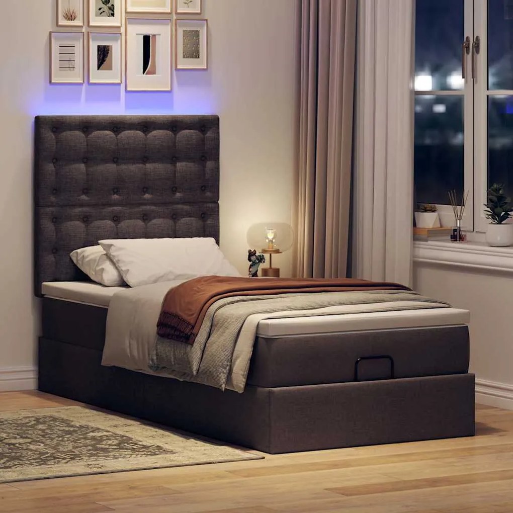 Cama otomana com colchão & LEDs 90x200cm tecido castanho escuro