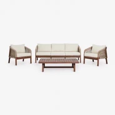 Conjunto De Jardim Com Sofá De 3 Lugares, 2 Poltronas E Mesa De Centro Em Madeira De Acácia Dubai Castanho-acácia Escuro & Tecido Gardénia Branco -