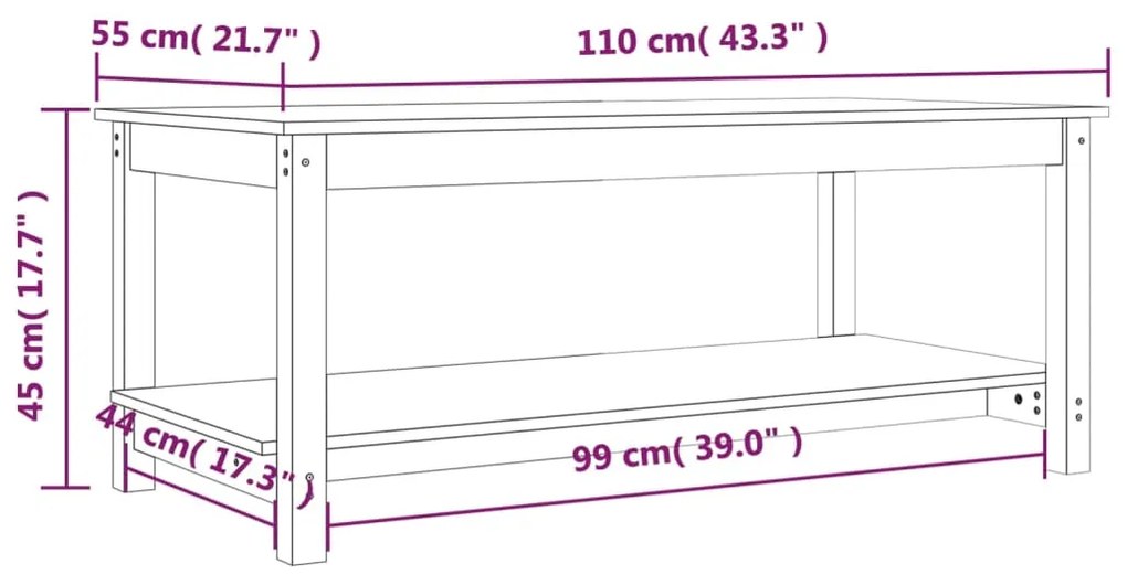 Mesa de centro 110x55x45 cm madeira de pinho maciça