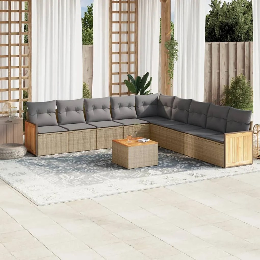 10 pcs conjunto de sofás p/ jardim com almofadões vime PE bege