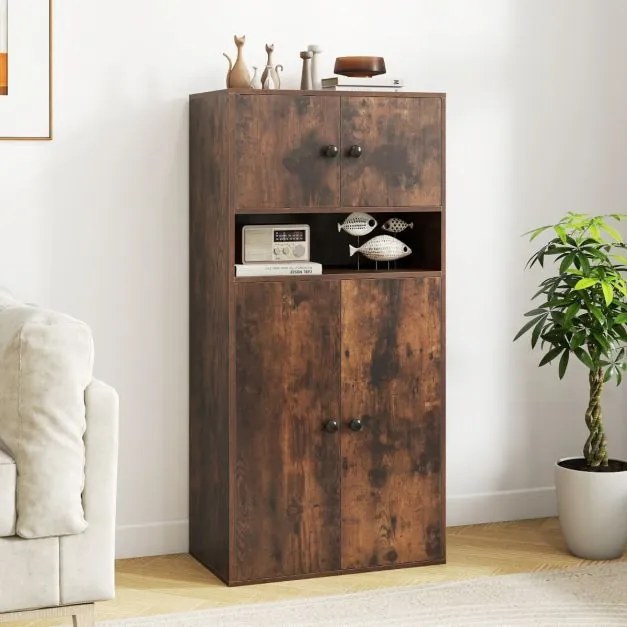 Estante com 4 portas de armazenamento moderno 54 x 30 x 111 cm de 4 níveis com prateleiras ajustáveis Castanho