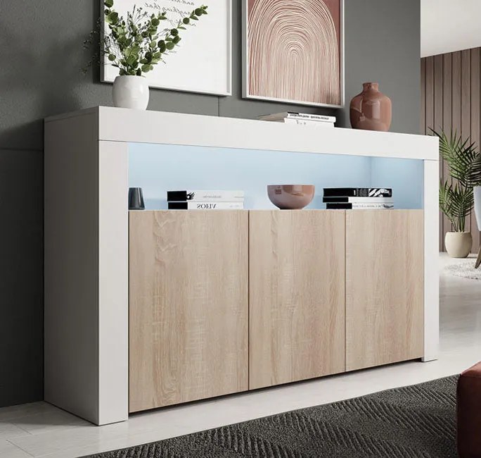 Aparador 'Alays' com Luzes LED - Carvalho/Branco- 155x91,5x37 cm - Des