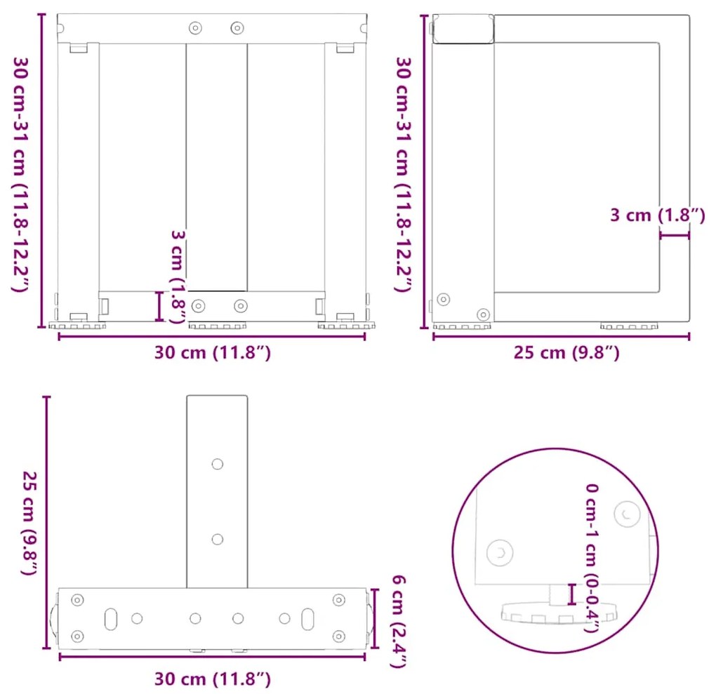 Pés para mesa de centro em forma de T, 2 peças, branco, 30x25x(30-31)