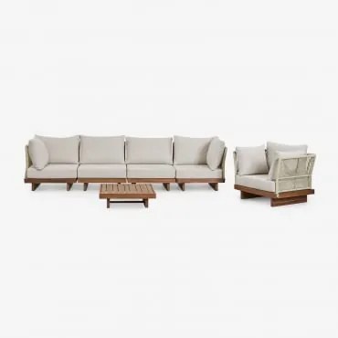 Conjunto De Sala De Estar Com Sofá Modular De 4 Peças Com 2 Poltronas De Canto, Mesa De Centro E Poltrona Em Madeira De Acácia D Castanho Acácia -
