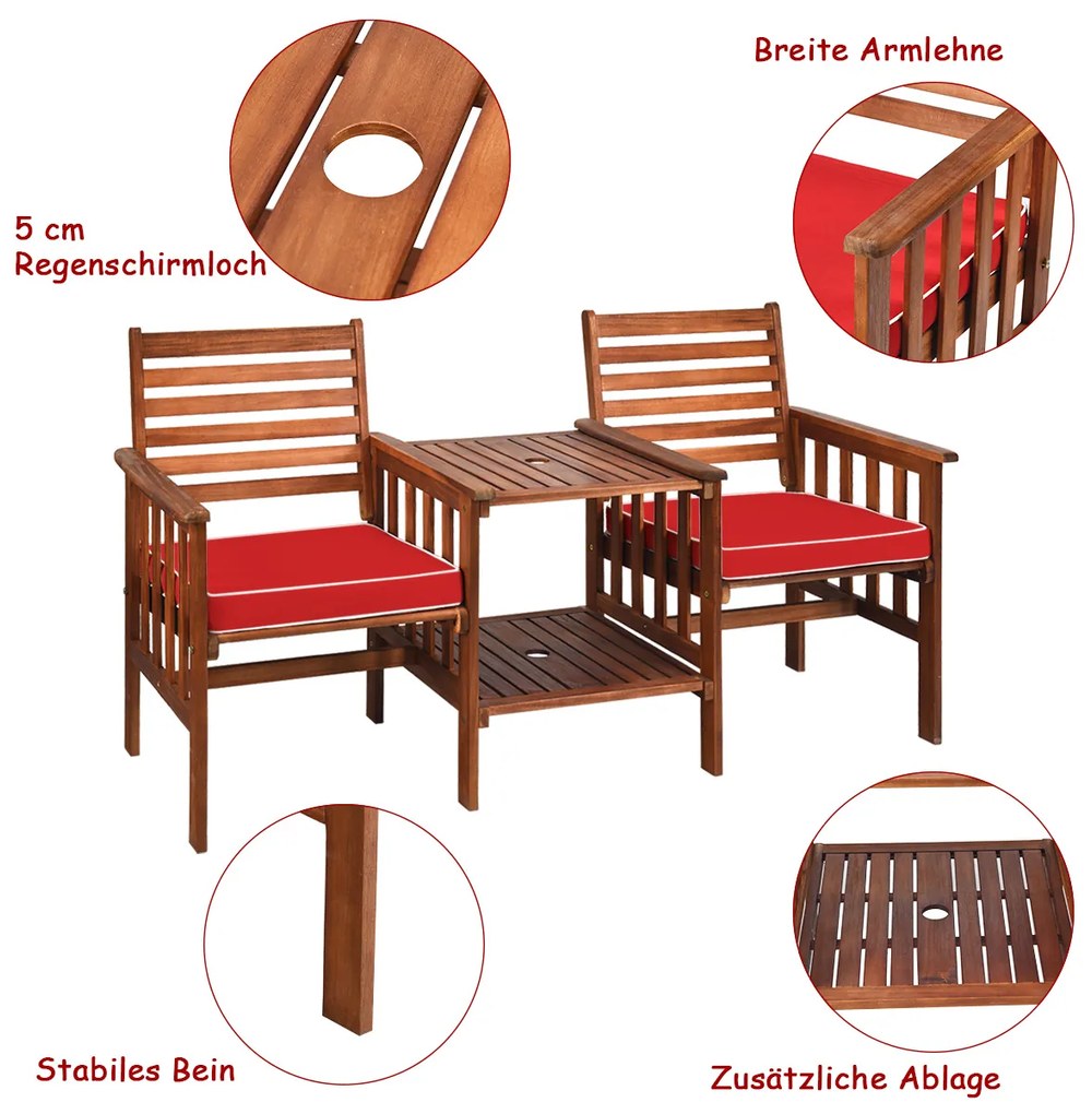 Conjunto de 3 cadeiras para mesa e pátio ao ar livre, sofá de dois lugares em madeira de acácia, branco