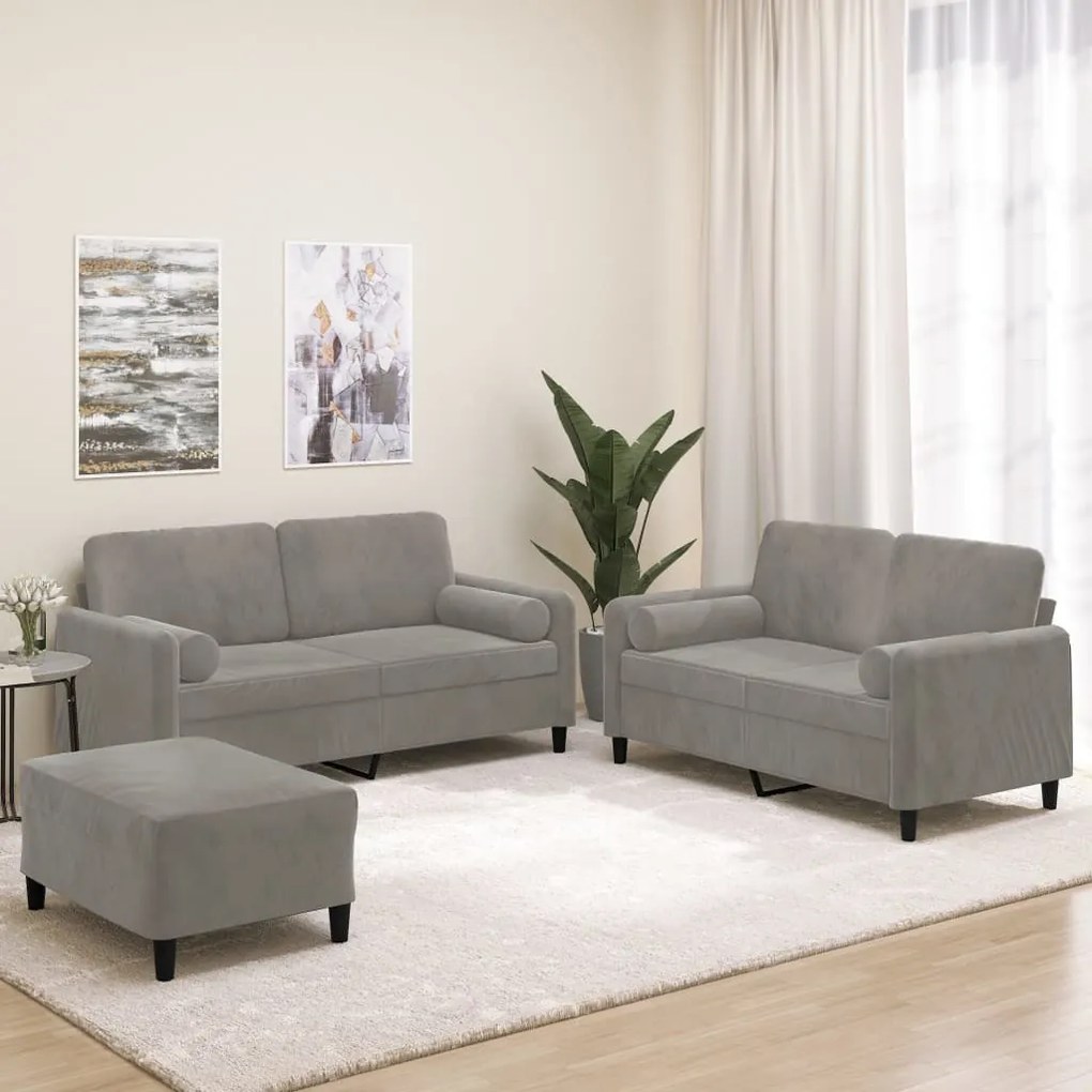 vidaXL 3 pcs conjunto sofás c/ almofadas/almofadões veludo cinza-claro