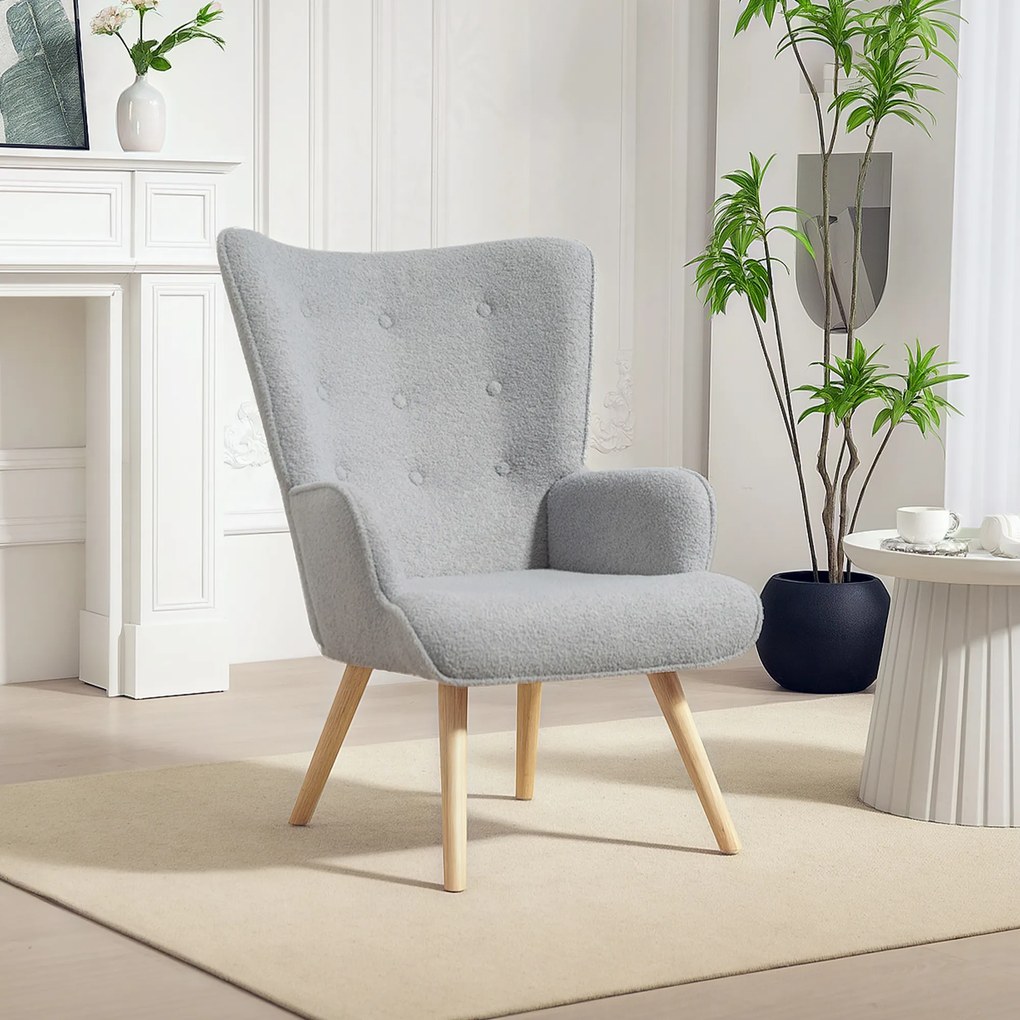 Poltrona de sala em tecido bouclé, poltrona estofada com pés de madeira, 71 x 74 x 96 cm, cinzento claro