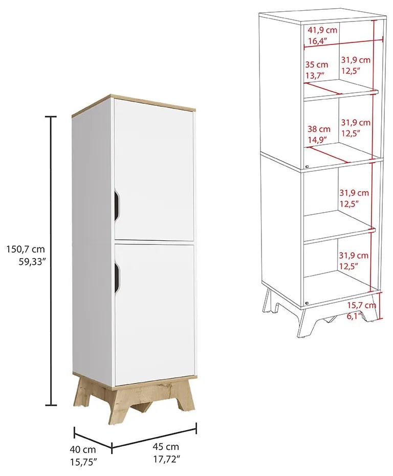 Armário alto Cozinha Pamplona com 4 prateleiras e 2 portas, 150,7 x 45 x 40 cm branco/carvalho claro