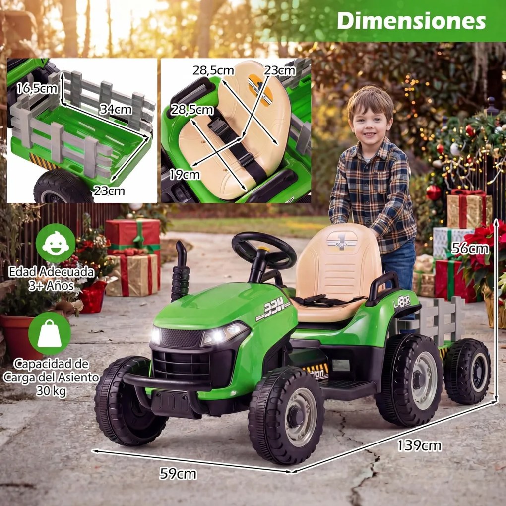 Trator elétrico de 24 V, trator infantil com reboque rebatível e removível, controlo remoto, música e faróis LED, a partir dos 3 anos, Verde