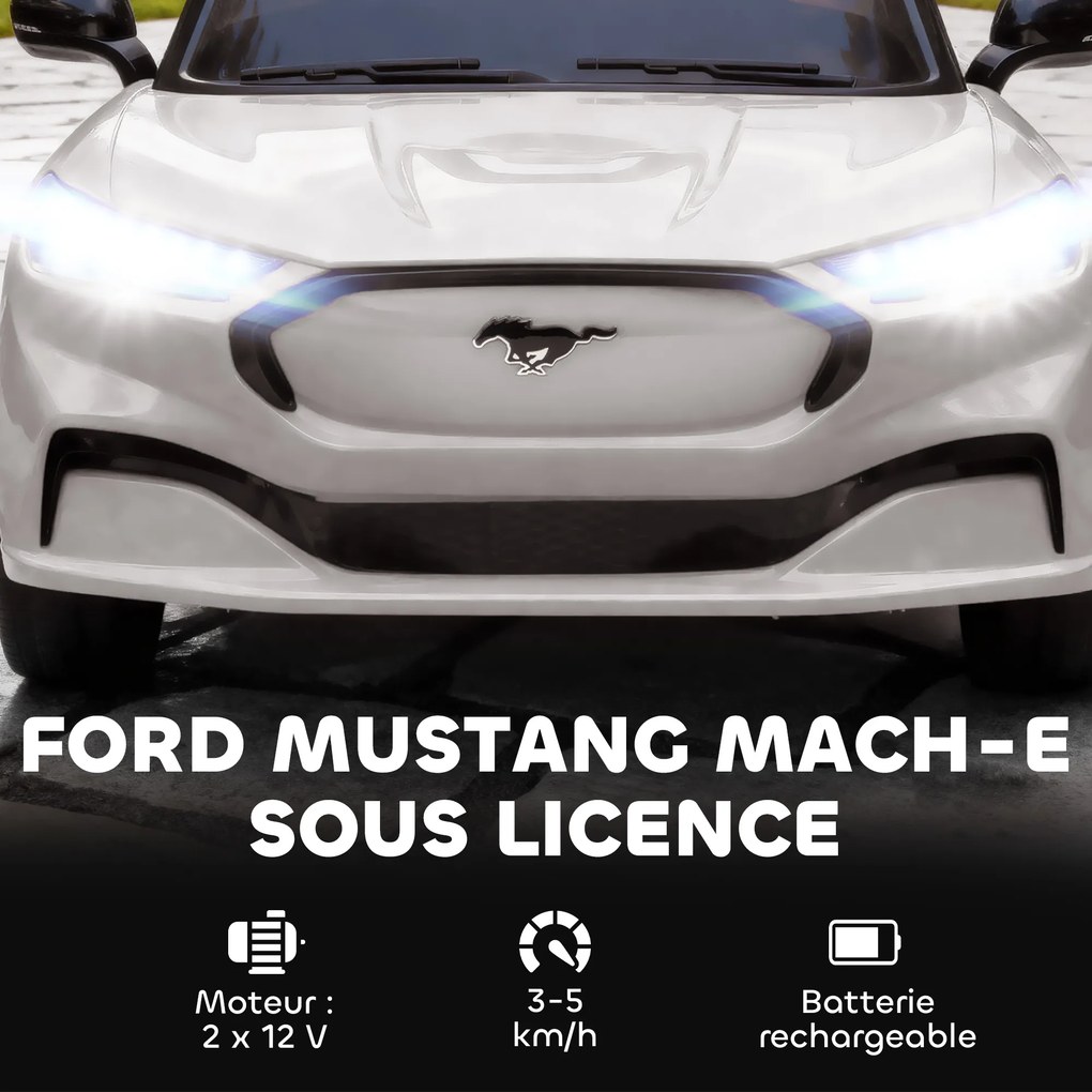 Carro elétrico infantil Ford Mustang Mach-E com licença oficial, 12 V, comando à distância de 2,4 GHz, 2 motores, 92 x 55 x 44 cm, branco