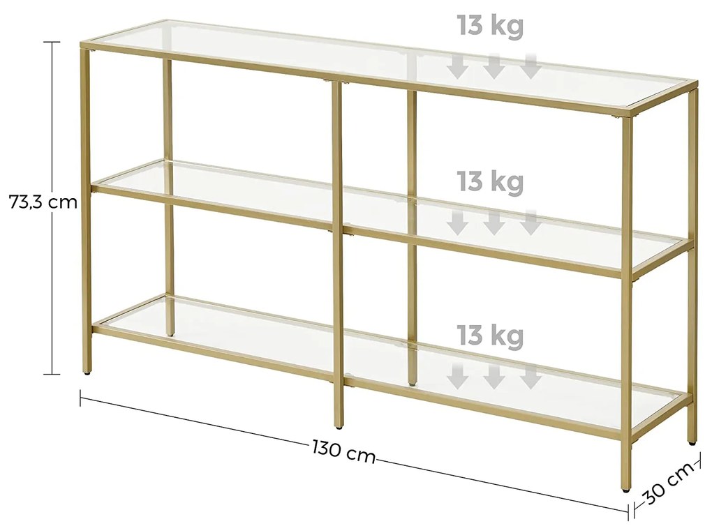 Mesa consola com 3 níveis 30 x 130 x 73 cm dourado-transparente