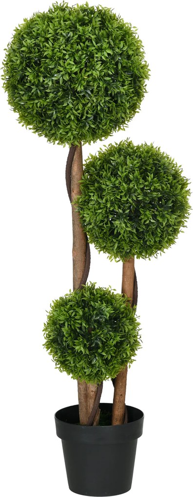 Árvore artificial de buxo altura 110 cm com 3 bolas de folhas de bambu, vaso incluído, para interior e exterior, verde