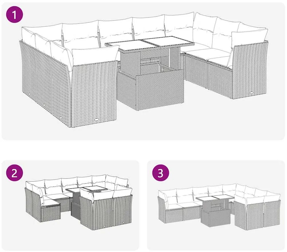 10 pcs conjunto sofás de jardim c/ almofadões vime PE cinzento