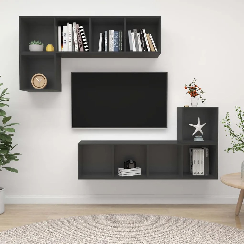 vidaXL 4 pcs conjunto de móveis de TV contraplacado cinzento