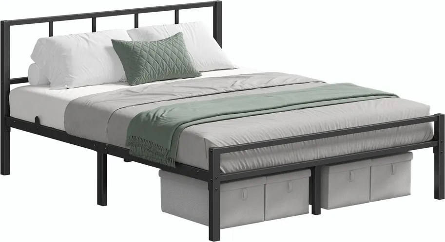 Cama de metal 160 x 200 cm, estrutura de cama robusta com cabeceira e base de ripas, (COLCHÃO NÃO INCLUIDO) Preta
