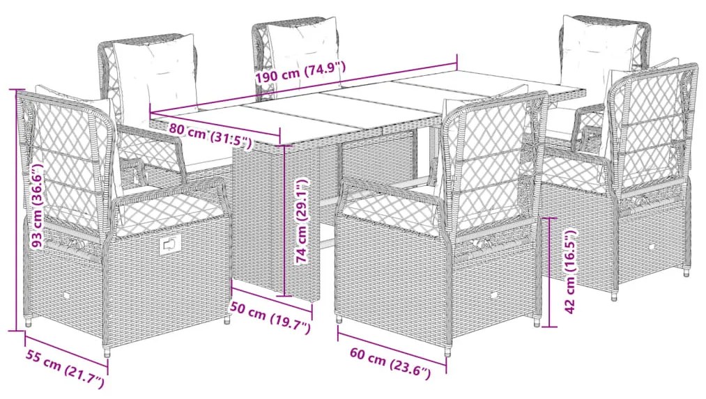 7 pcs conjunto de jantar p/ jardim c/ almofadões vime PE cinza