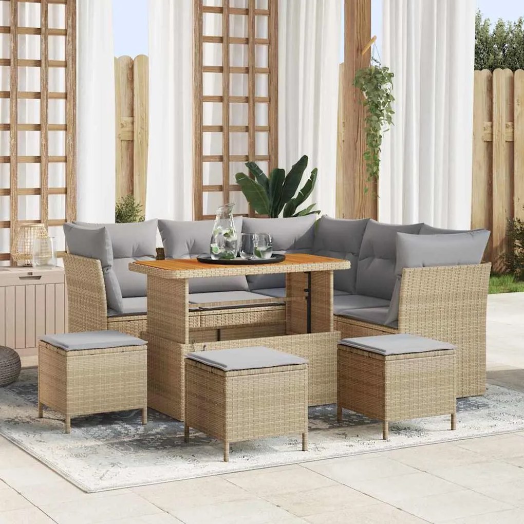 Conjunto de Sofás de Jardim vidaXL de 9 Peças com Almofadas Bege Rattan Acácia
