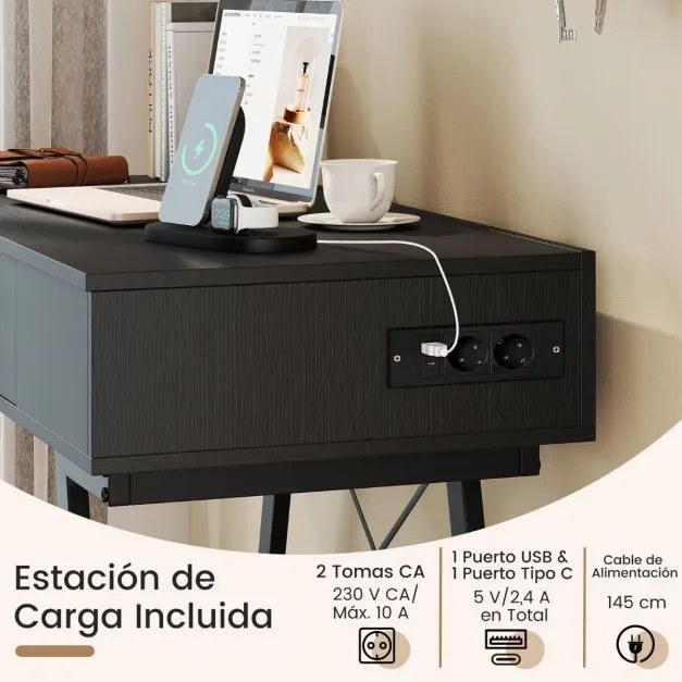 Toucador e secretaria 2 em 1 96,5 x 46,5 x 80,5 cm (BANCO NÃO INCLUIDO) com espelho rebatível, estação de carregamento e gaveta para quarto ou escritó