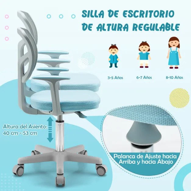 Cadeira de secretária ergonómica para crianças com rodas Cadeira giratória para computador com bloqueio de pressão Apoio lombar ajustável em altura Az