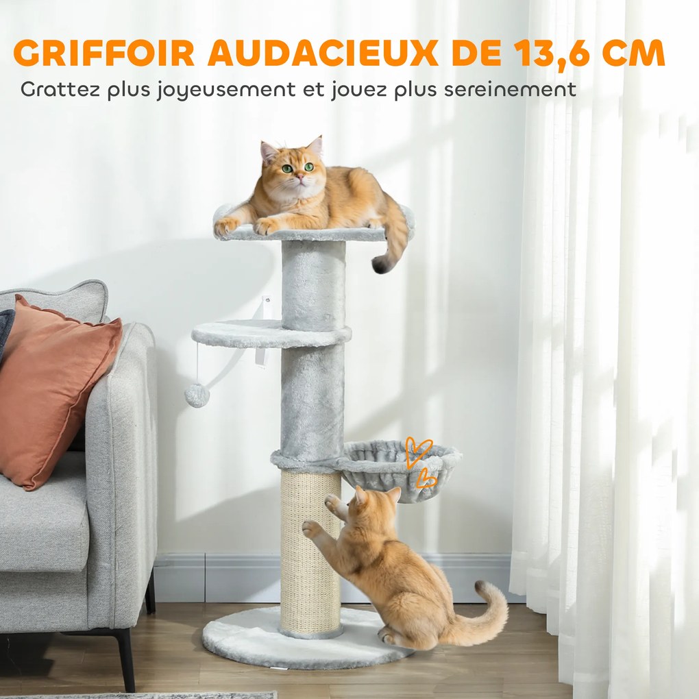 Arranhador para gatos em forma de barril com arranhador de sisal, rede, plataforma e bola de brincar, Ø 48 x 103,5 cm, cinzento claro