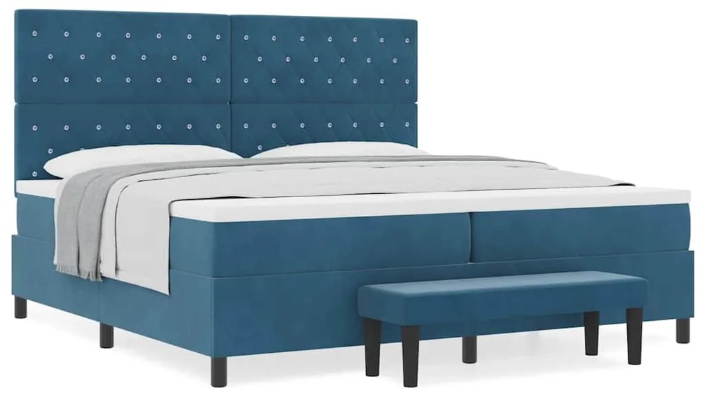 Cama Box Spring com Colchão &amp; Banco Azul Escuro 200x200 cm Veludo
