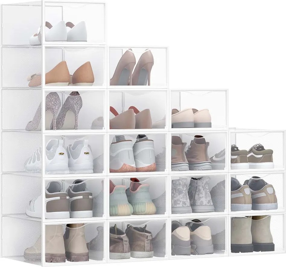 Conjunto de 18 caixas para sapatos com porta 33,2 x 23 x 14,5 cm transparente-branco