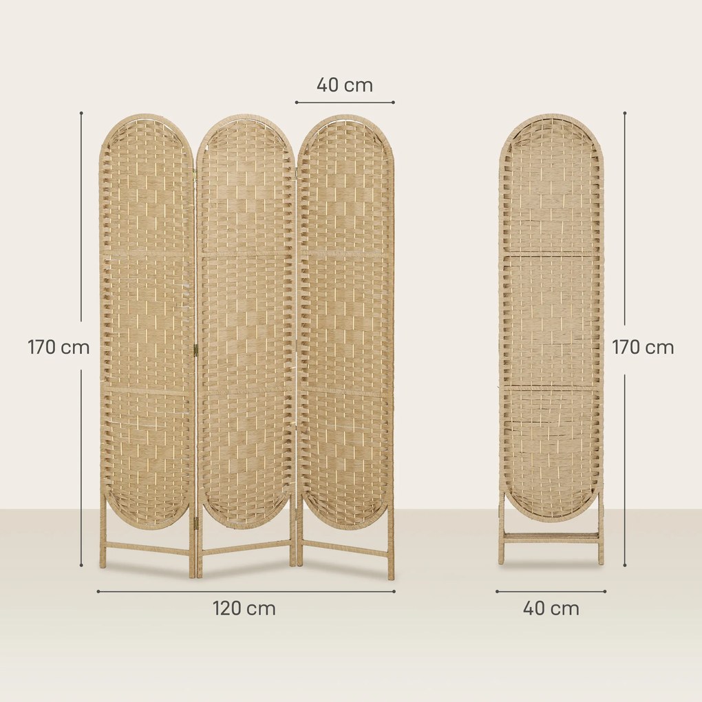 Biombo Separador de Ambientes 3 Painéis 120x170 cm Painel de Privacidade Dobrável Boémio com Topo Arqueado Entrançado à Mão Madeira