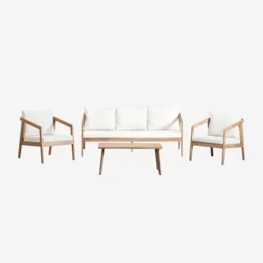 Conjunto De Jardim Com Sofá, 2 Poltronas E Mesa De Centro Em Madeira De Acácia Kaela Marrom Acácia Claro & 3 Lugares & Tecido Gardénia Branco - Sklum