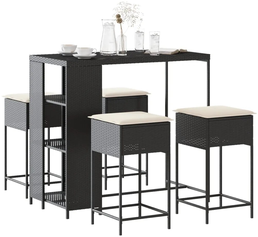 vidaXL 5 pcs conjunto de bar p/ jardim c/ almofadões vime PE preto