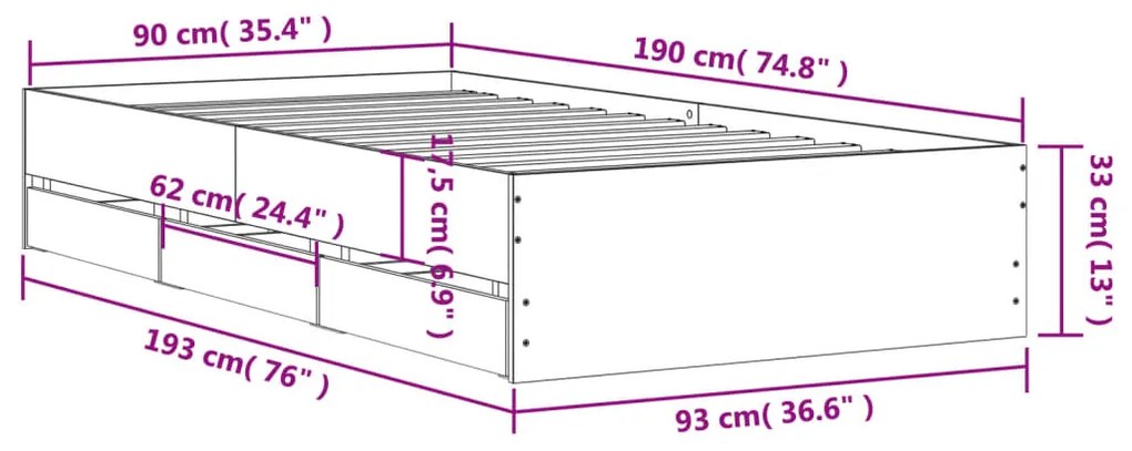 Estrutura cama c/ gavetas 90x190 cm derivados de madeira preto