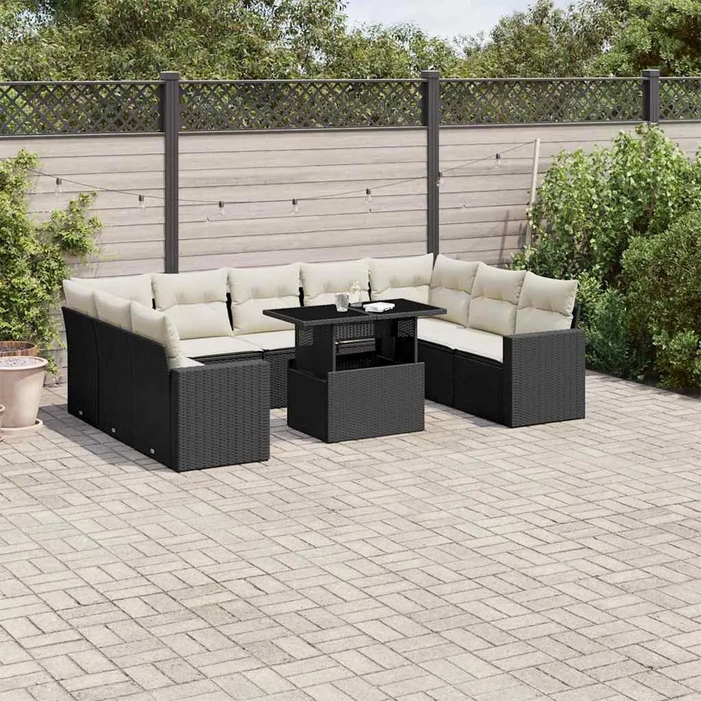 10 pcs conjunto sofás de jardim c/ almofadões vime PE preto