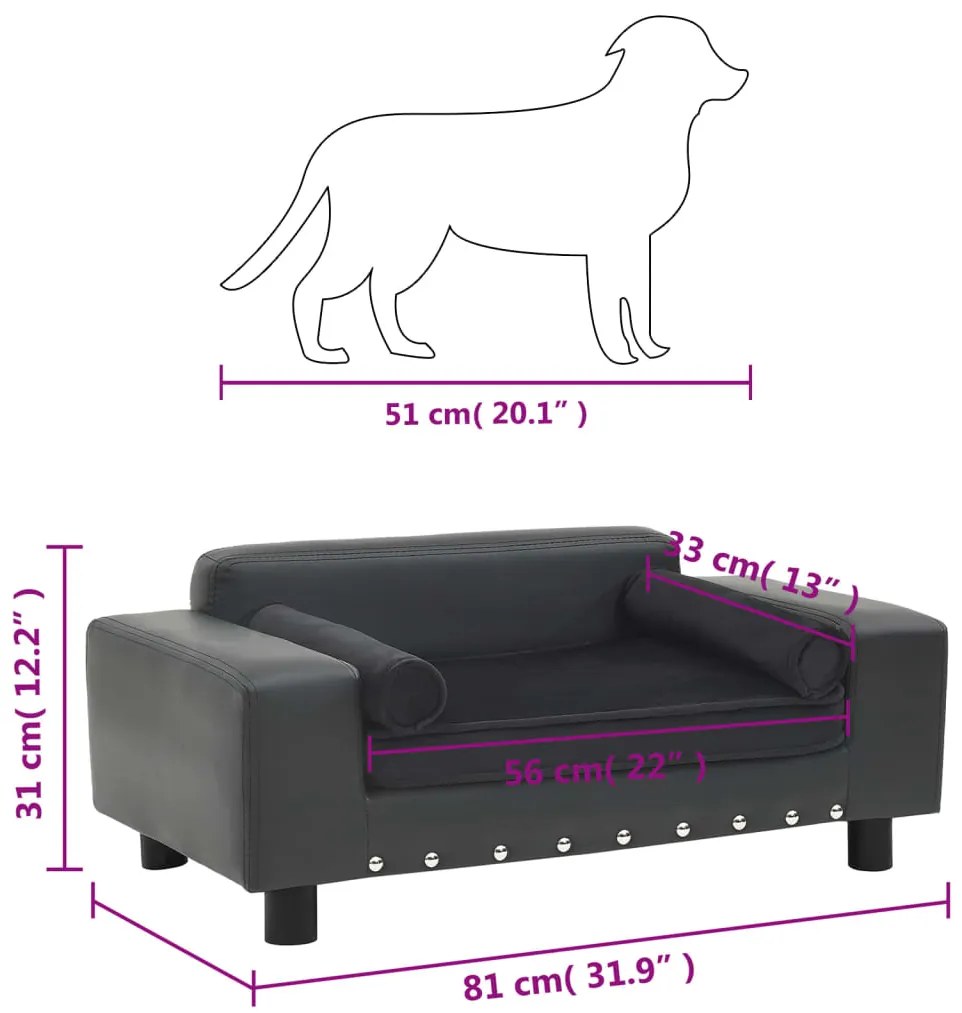 Sofá p/ cães 81x43x31cm pelúcia e couro artificial cinza-escuro