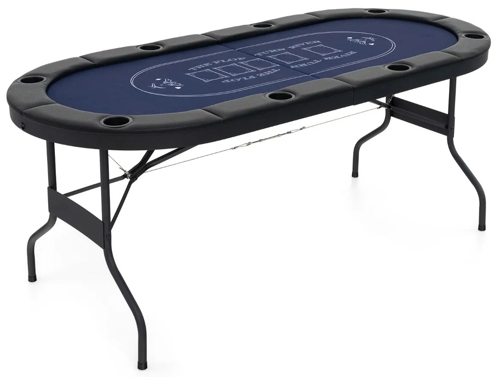 Mesa de póquer dobrável de 182 cm para 8 jogadores oval portátil para jogos com porta-copos e grades acolchoadas para casa Azul