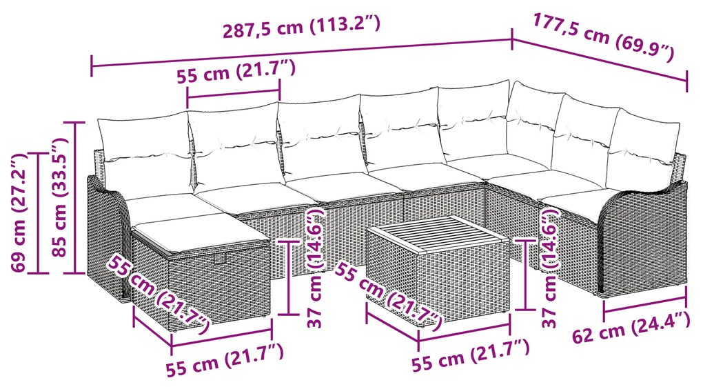 Conjunto de Sofá de Jardim com Almofadas Cinza Rattan de Polietileno
