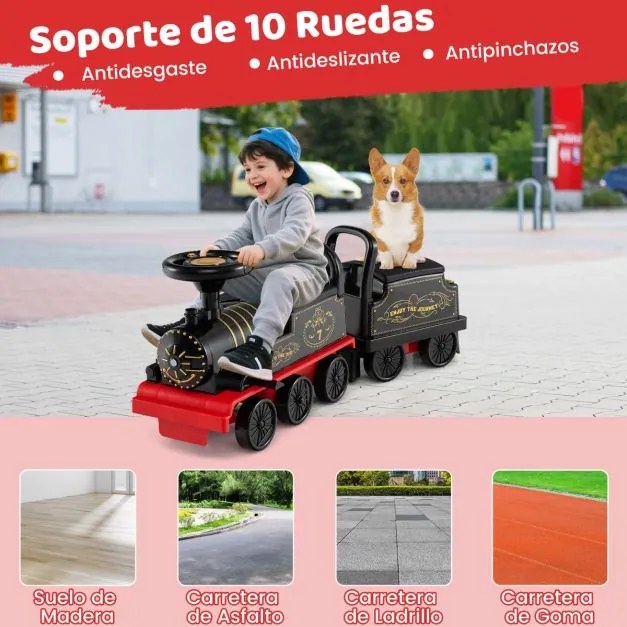 Comboio elétrico para crianças com vagão Bateria 6V Apito Música Luzes LED para 18+ meses Vermelho+Preto