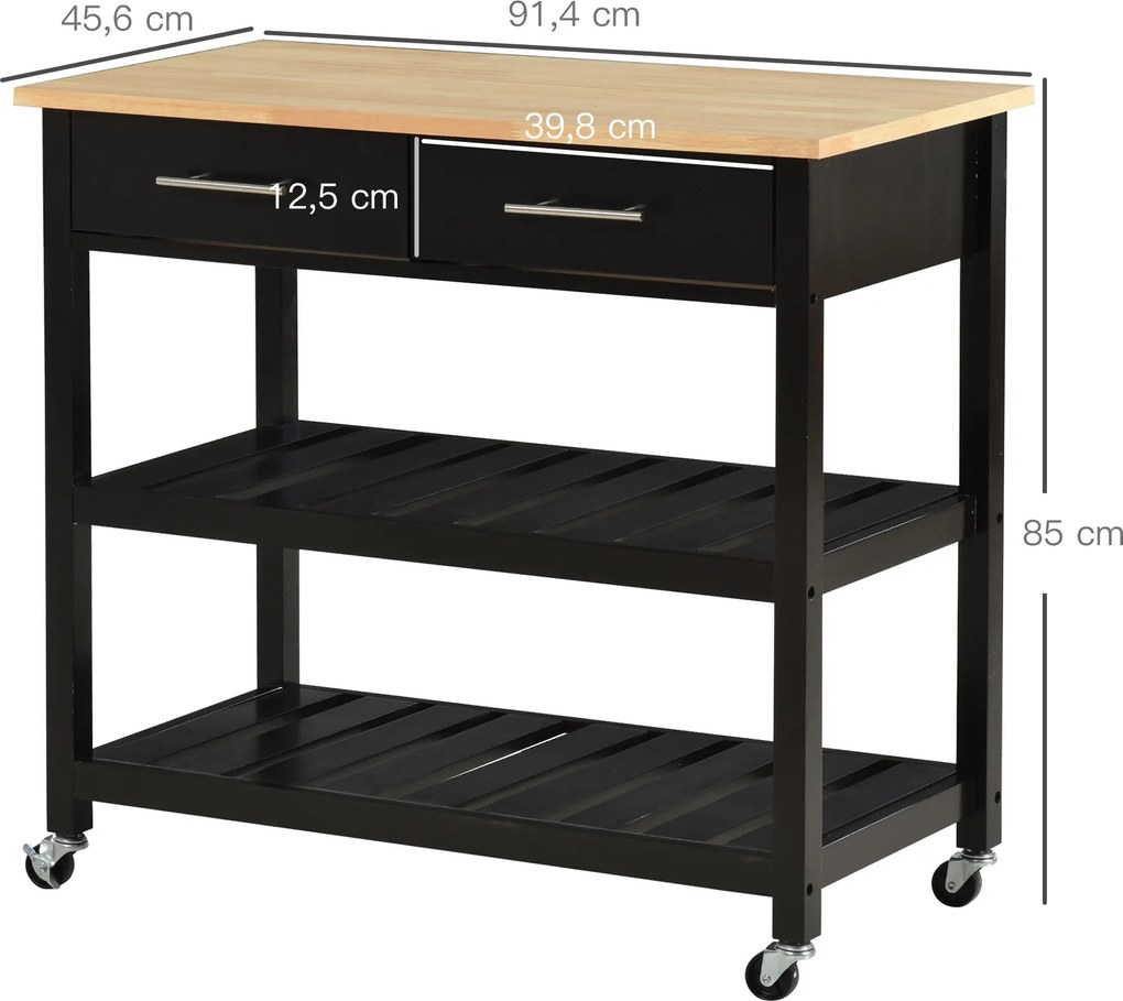 Carrinho de cozinha com rodas 91,4 x 45,6 x 85 cm, 2 prateleiras e 2 gavetas, preto e madeira natural