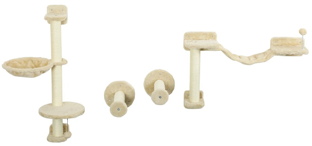 PawHut Prateleiras de Escalada para Gatos de Parede com Rede Plataformas Poste de Sisal e Escada 84,5x19x54 cm  Bege