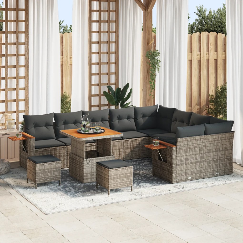 vidaXL Conjunto de Sofá de Jardim de 12 Peças com Almofadas Cinza Vime PE Acácia
