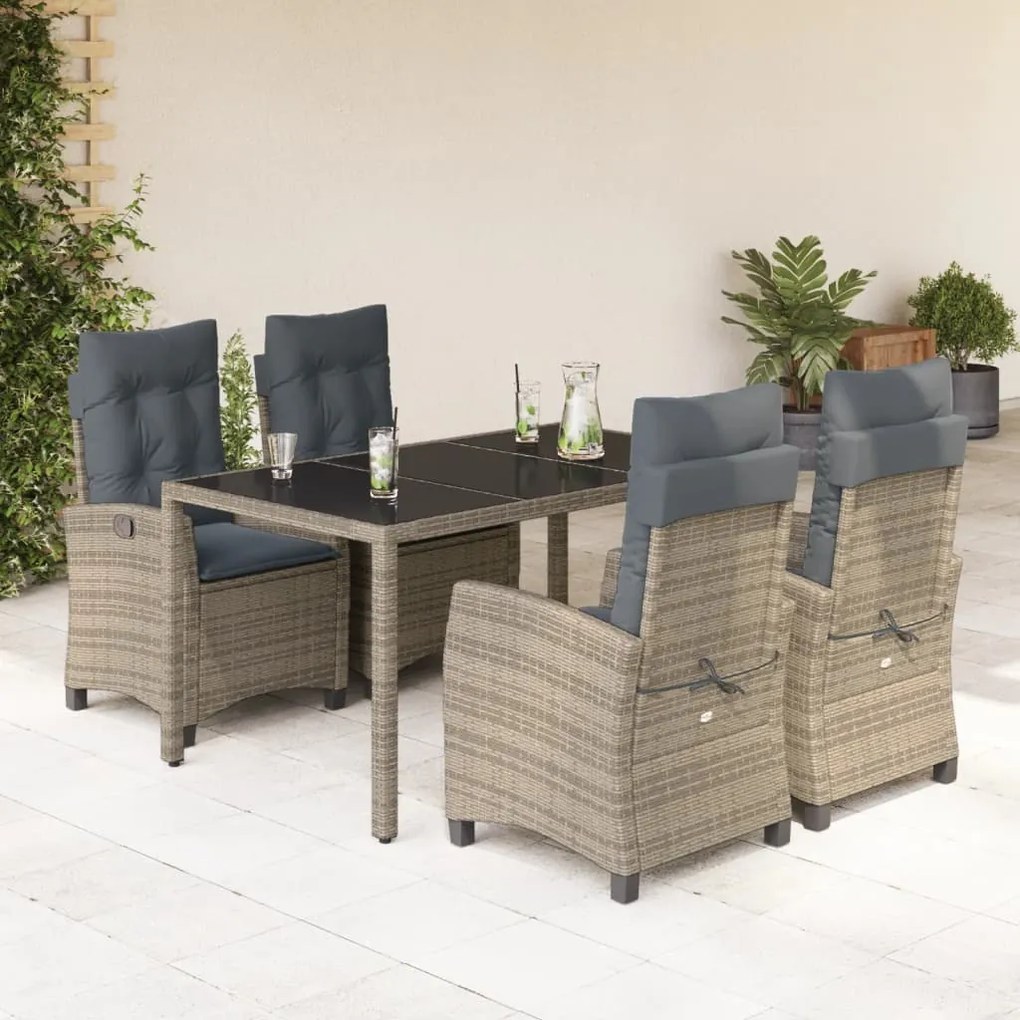 5 pcs conjunto de jantar p/ jardim c/ almofadões vime PE cinza