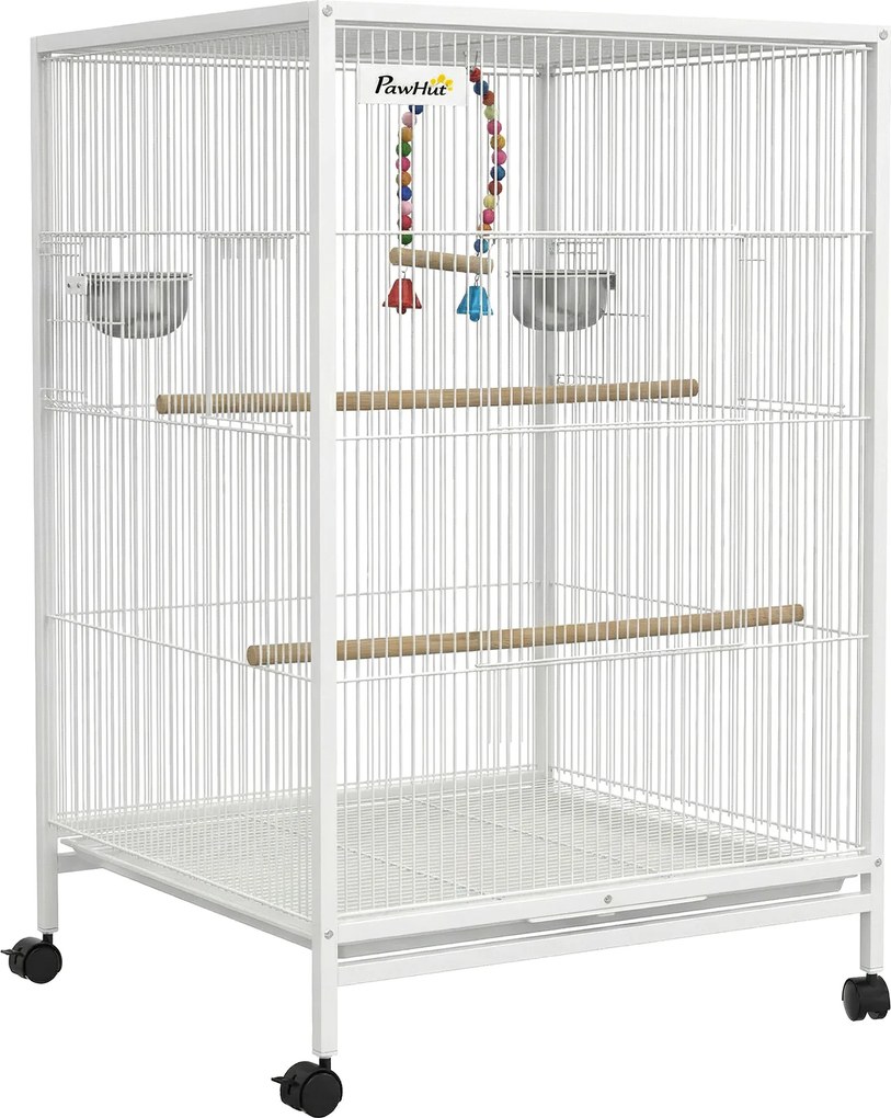 PawHut Gaiola para Pássaros com Rodas Poleiros Baloiço Bandeja Removível e Tigelas de Aço Inoxidável  48x46x78 cm Branco | Aosom Portugal