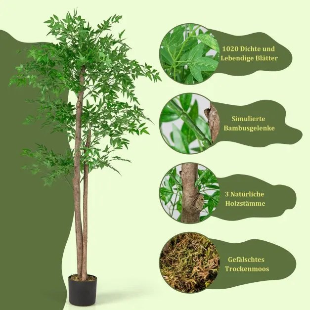 Planta artificial de 150 cm, bambu, árvore decorativa com vaso, planta decorativa de bambu verde