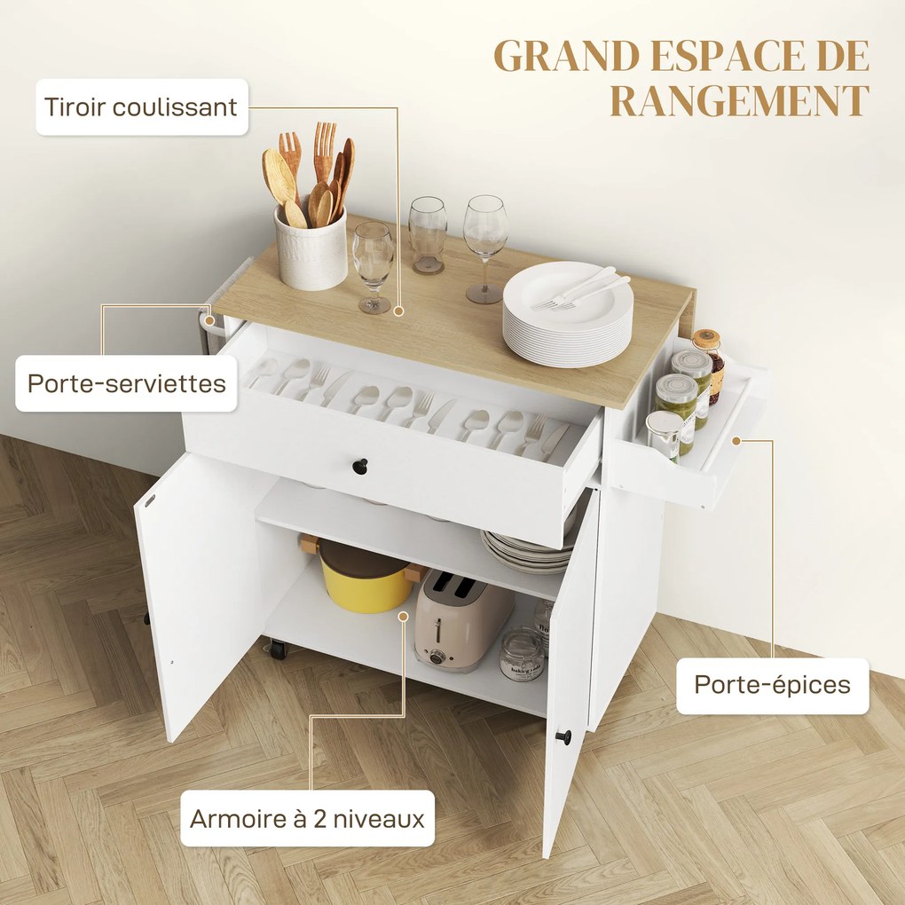 Carro de cozinha com rodas 106 x 42 x 87 cm, ilha central de cozinha – gaveta, prateleira ajustável, suporte para especiarias e toalheiro branco, cor
